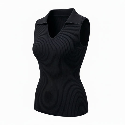 75b26 FOXEY フォクシー ノースリーブリブニットセーター 襟付きVネックニット トップス 40819 38サイズ ブラック 画像参照 レディース 女性用u02t