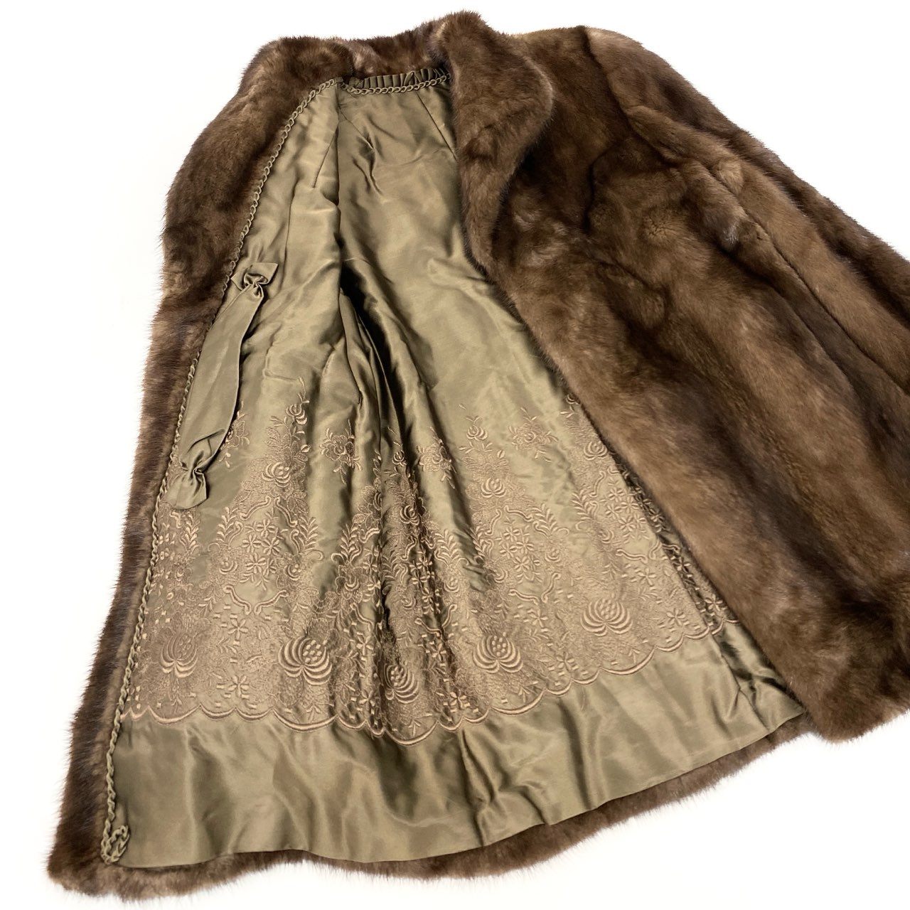 27j22 デミバフミンク リアルファーコート 裏地刺繍 F ブラウン 本毛皮 セミロング MINK FUR 最高級t18r