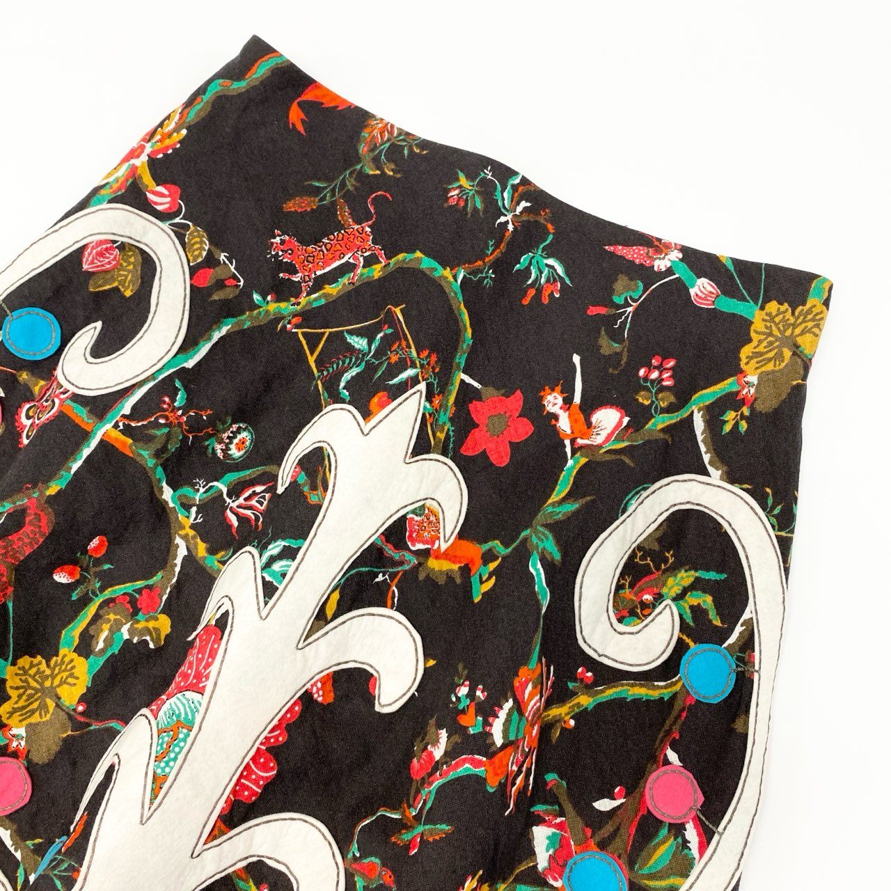 4k23 Christian Lacroix クリスチャンラクロワ セットアップスカート ダブルブレストジャケット フレアスカート 総柄 フェルトワッペン リネン混 レディース  42 ブラウンu02t