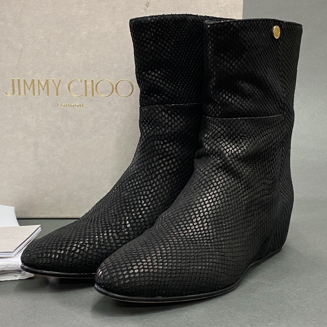 2a10 JIMMY CHOO ジミーチュウ OXANA オクサナ リザードプリント レザーブーツ 38.5 ブラック Leather ウェッジソール シューズ