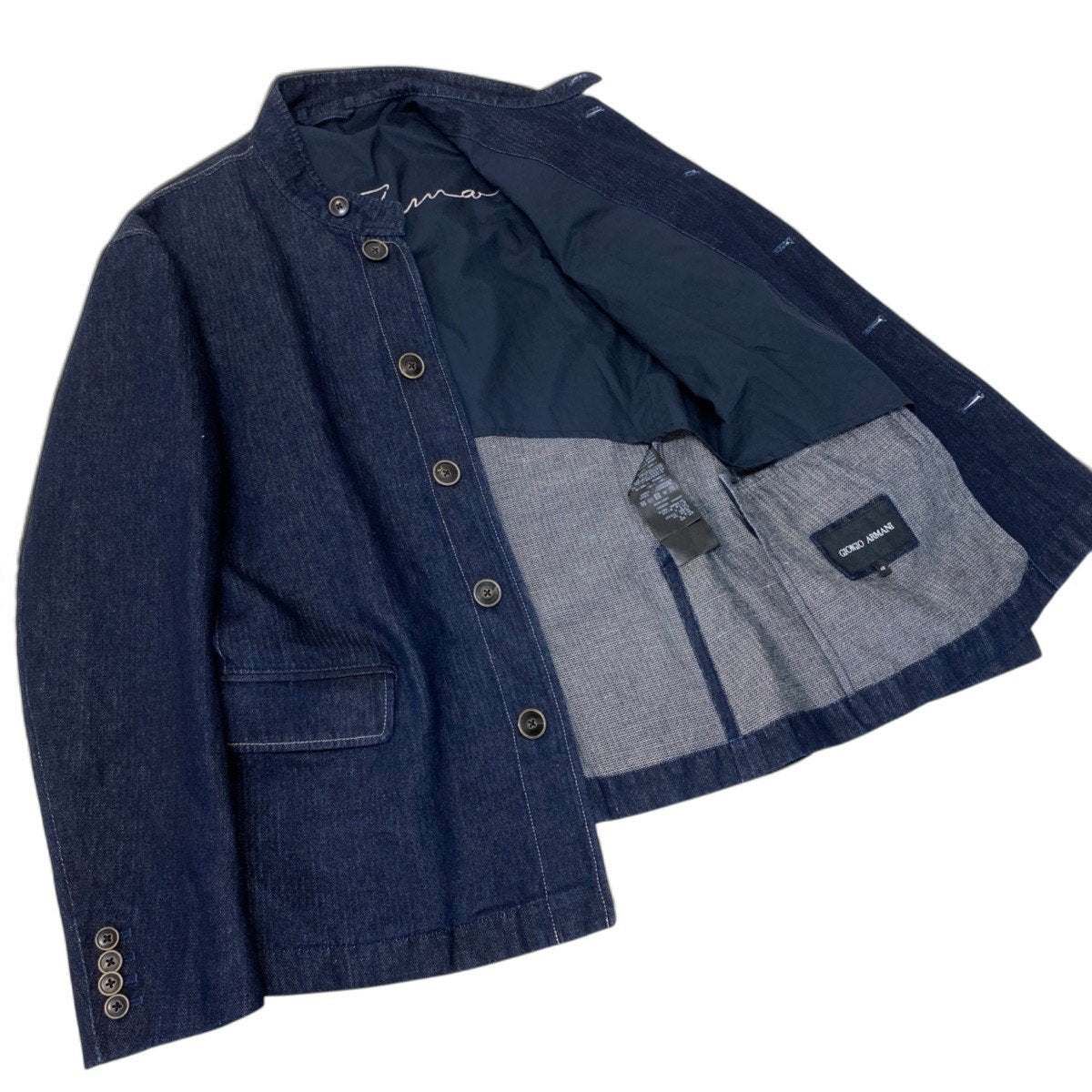 78j8 GIORGIO ARMANI ジョルジオアルマーニ 黒タグ スタンドカラー ジップアップ デニムジャケット サイズ48 本切羽 インディゴt18r