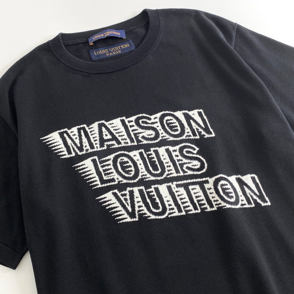 74g2 【美品】 大きいサイズ LOUIS VUITTON ルイヴィトン 21年モデル プリント 半袖ニット カットソー Tシャツ クルーネック HLN31W XLサイズ ブラック コットン シルク イタリア製