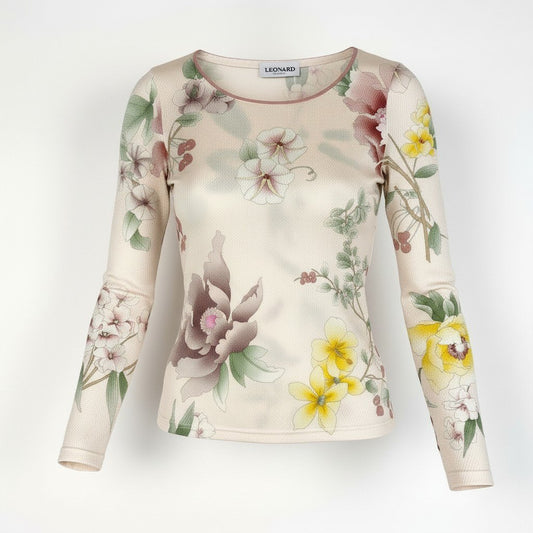 68d13 【美品】 LEONARD PARIS レオナール ロングスリーブ カットソー 美しい花柄プリント シルクブレンド トップス イタリア製 サイズ38 光沢 薄ピンク レディース 女性用u02t