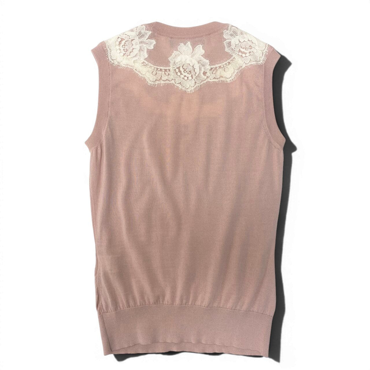 60e1 DOLCE&GABBANA ドルチェアンドガッバーナ ノースリーブ ニットプルオーバー 花柄レース ニットベスト 薄手 サイズ38 ピンク レディース 女性服u02t