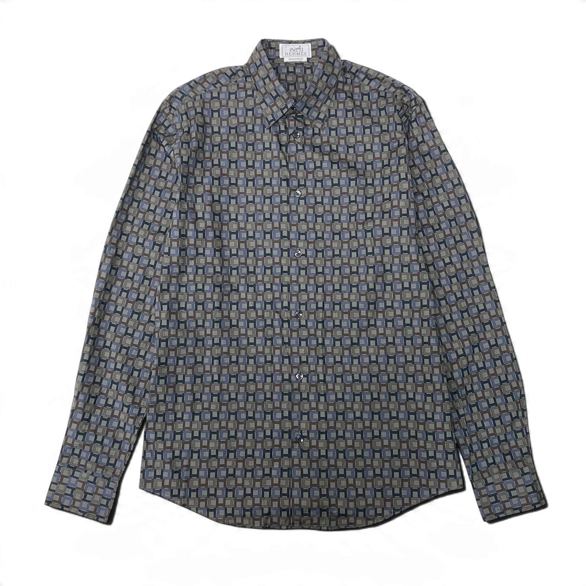 21j16 【極美品】 Hermès エルメス ロングスリーブ セリエシャツ 総柄 サイズ39-15 1/2 グレー系 コットン100％ メンズu02t