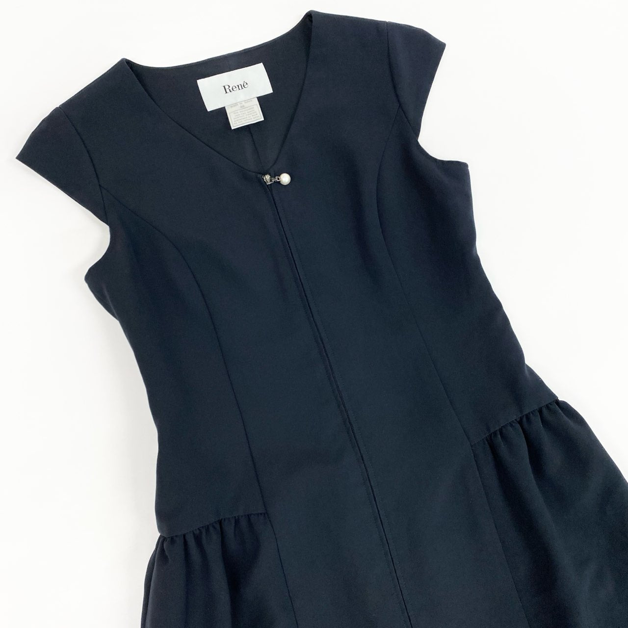 81a23 Rene ルネ ノースリーブワンピース キャップスリーブ パールジップ タックフレアスカート 36 ネイビー レディース 女性用u02t