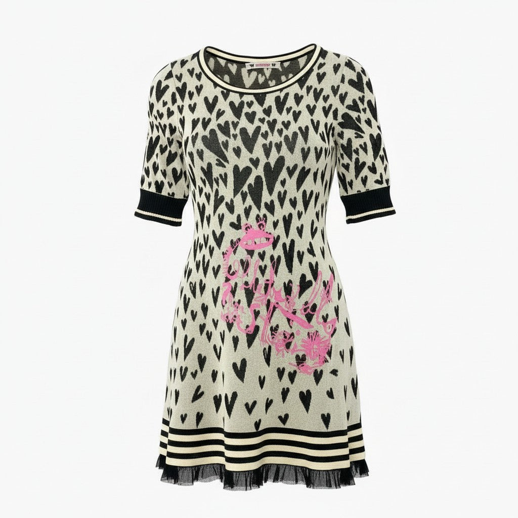 7a9 OLLEBOREBLA オレボレブラ アルベロベロ ニットワンピース 総柄 ハート柄 七分袖 レディース ブラック ホワイトo07t