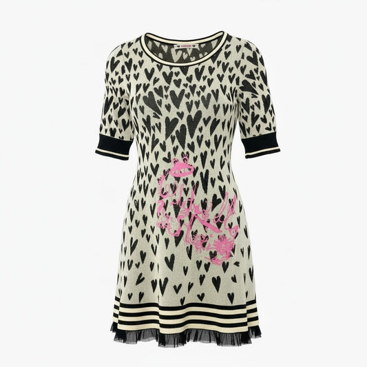 7a9 OLLEBOREBLA オレボレブラ アルベロベロ ニットワンピース 総柄 ハート柄 七分袖 レディース ブラック ホワイトo07t