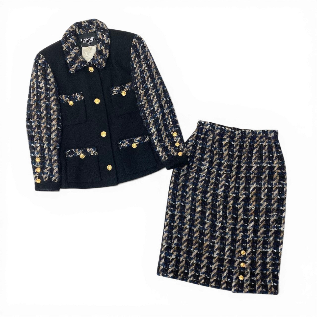 C CHANEL シャネル ヴィンテージ 90S ツイードスカートセットアップ ジャケット スカート ココマーク 金ボタン 20662 36サイズ ブラック レディース 女性用nu1
