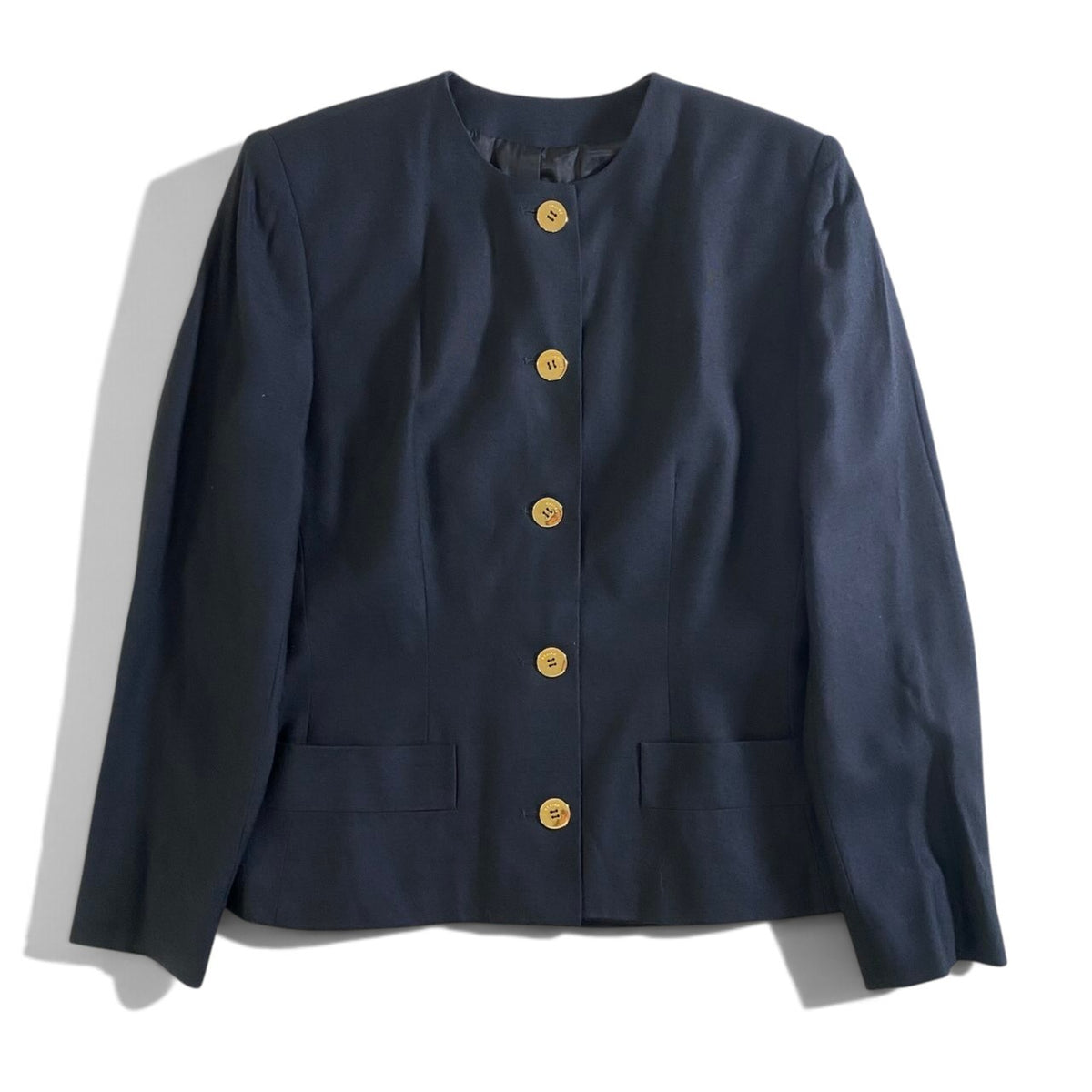 20j26 CELINE セリーヌ フランス製 セットアップスカート ノーカラージャケット 金ボタン サイズ40 ブラック レディースu02t