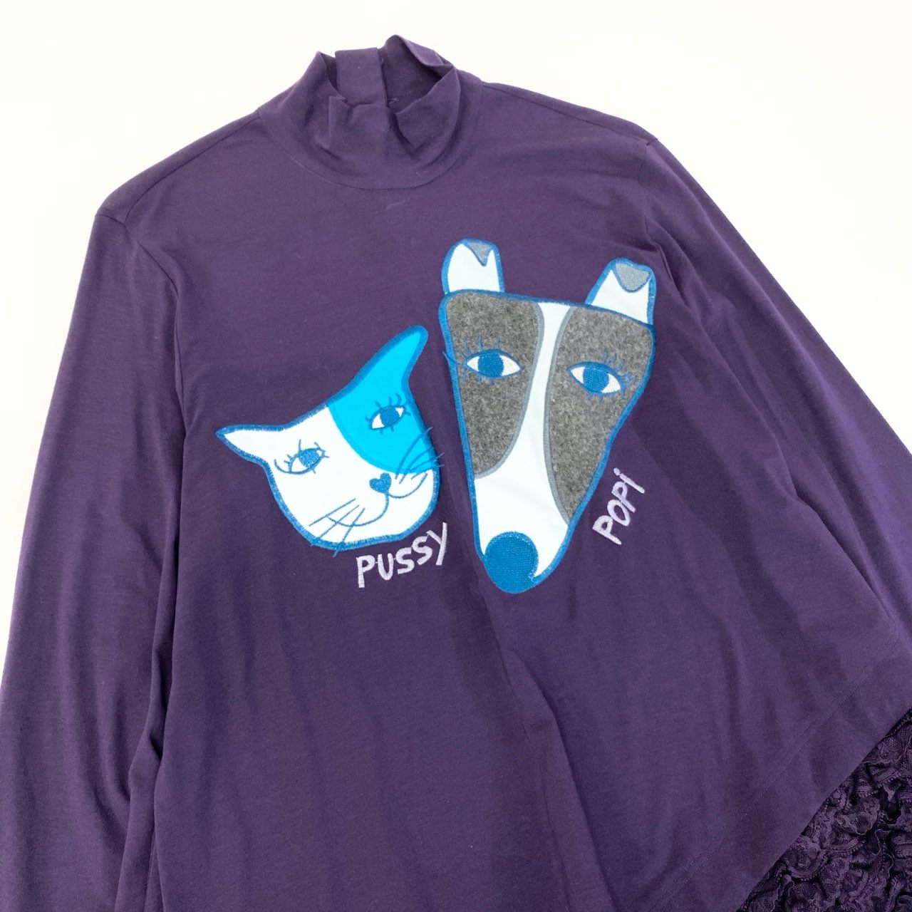 80c9 TOKUKO 1er VOL トクコプルミエヴォル モックネック 長袖ワンピース ストレッチ アニマル刺繍 異素材切替 レース レディース 女性服 サイズ9 パープルu02t