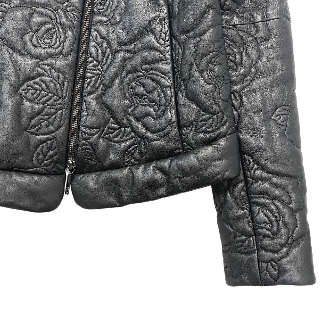 5h28 ARMANI JEANS アルマーニジーンズ ダブルライダースジャケット 中綿 レザージャケット バラ柄 サイズ40 ブラック レディース女性用u02t