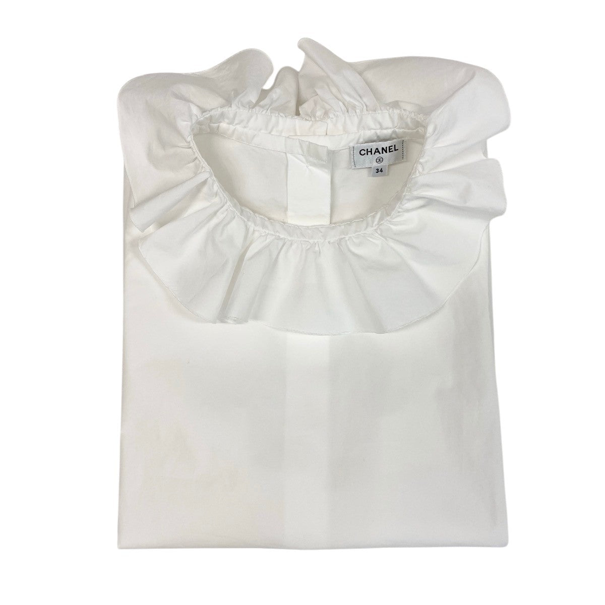 Cg19  【美品】 CHANEL シャネル フリルネック ノースリーブシャツ バックボタン サイズ34 ホワイト系 コットン100％ レディースk02i