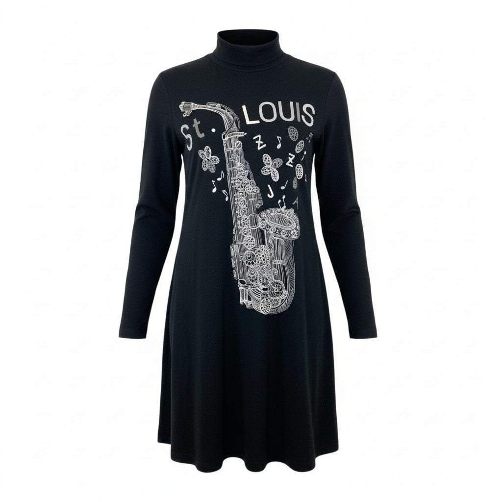 18k20 TOKUKO 1er VOL トクコプルミエヴォル モックネック チュニックワンピース 長袖 ストレッチ○ 楽器 プリント レディース 女性用 9 ブラックu02t