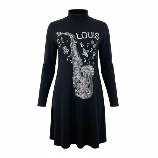 18k20 TOKUKO 1er VOL トクコプルミエヴォル モックネック チュニックワンピース 長袖 ストレッチ○ 楽器 プリント レディース 女性用 9 ブラックu02t