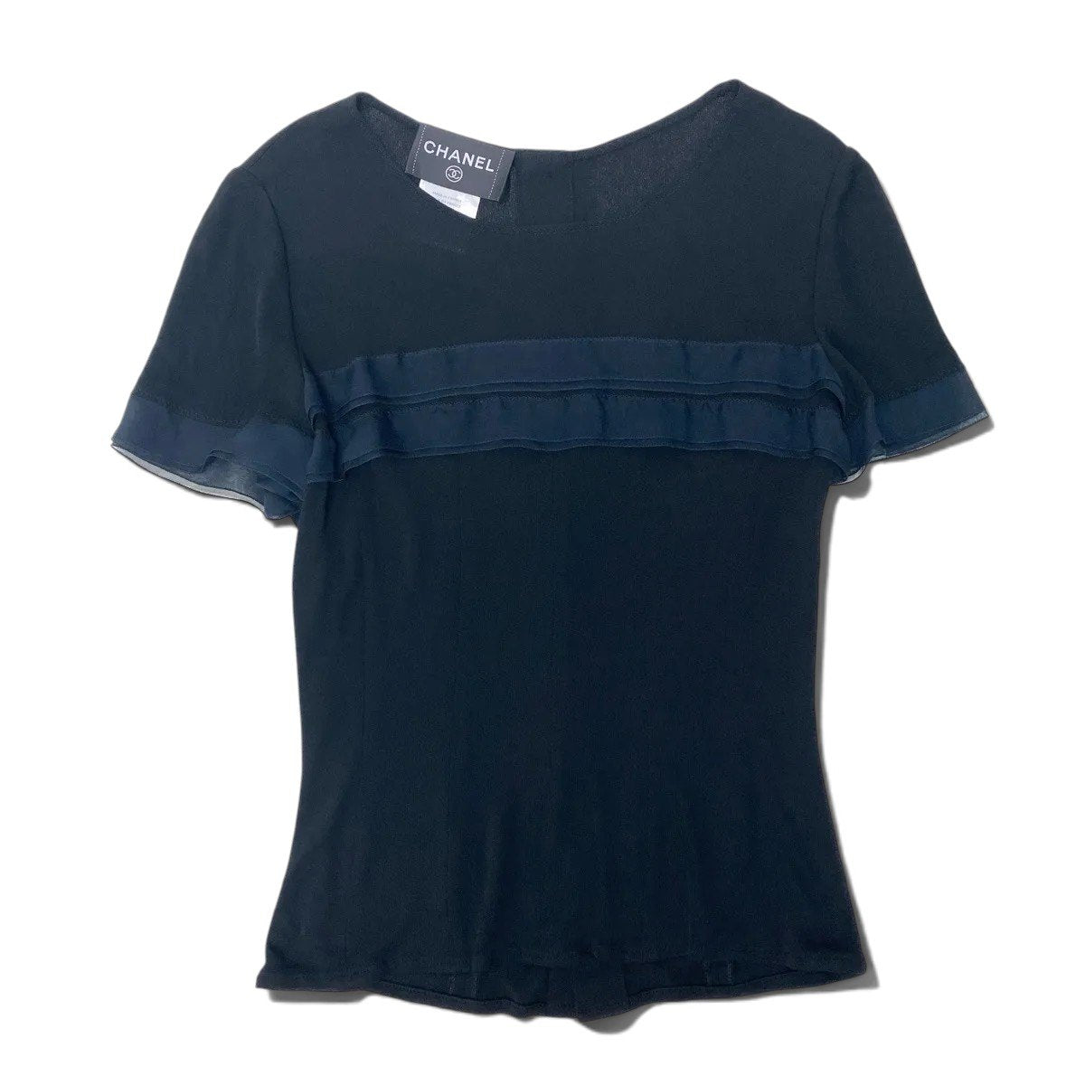 Ch1 【美品】CHANEL 2002年 半袖ニットセーター ココマークボタン P19048 36サイズ ブラック レーヨン100％ レディース 女性用u02t