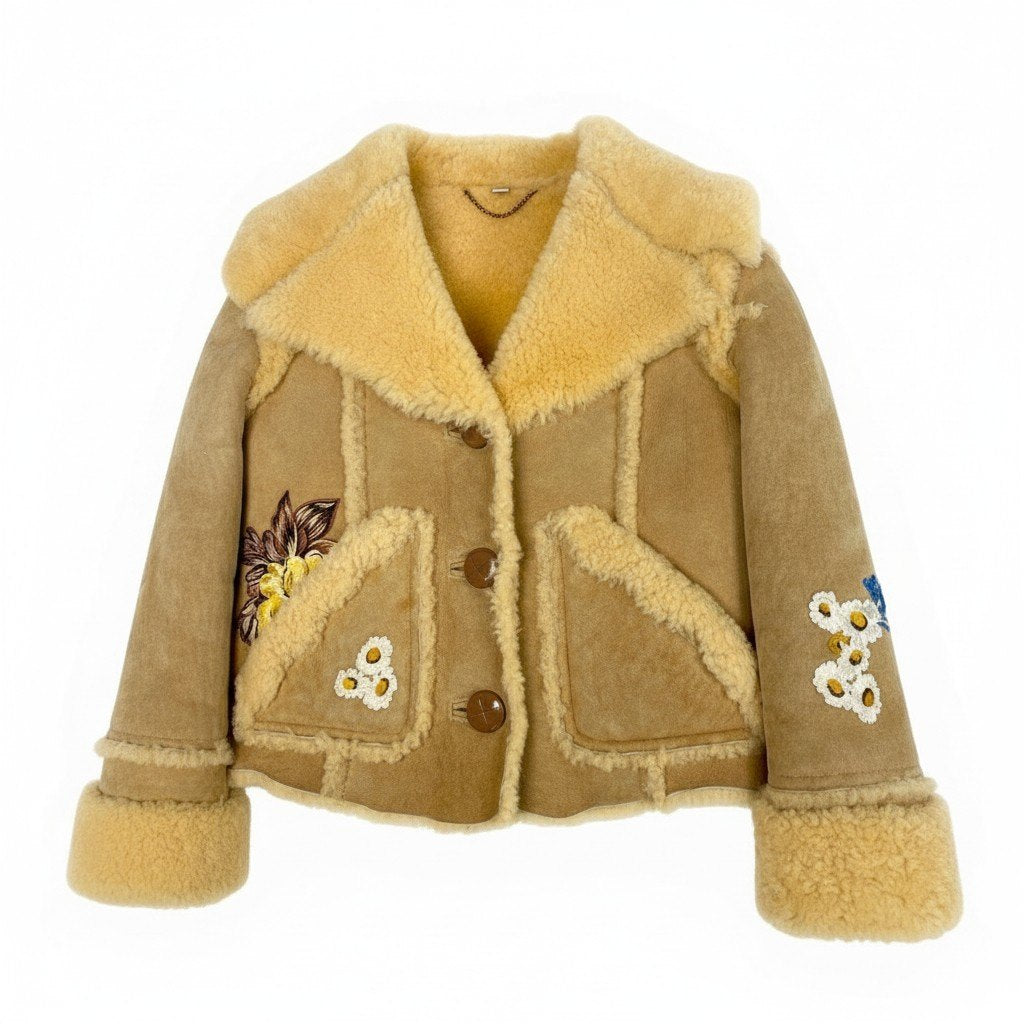 53a19 COACH コーチ Eagle Raggedy Shearling Jacket ムートンジャケット 鷹 花柄刺繍 イタリア製 レディース 女性用 サイズ2 ベージュ 本革 羊革u02t
