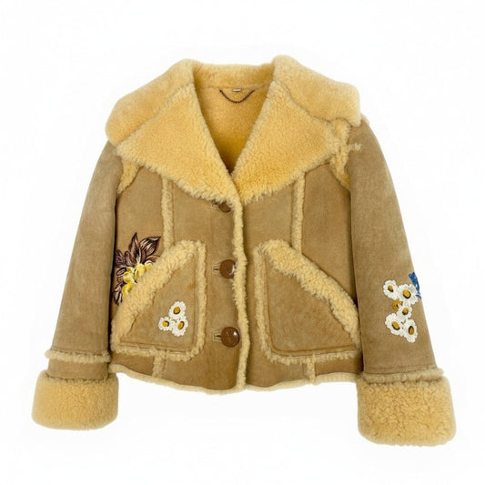 53a19 COACH コーチ Eagle Raggedy Shearling Jacket ムートンジャケット 鷹 花柄刺繍 イタリア製 レディース 女性用 サイズ2 ベージュ 本革 羊革u02t