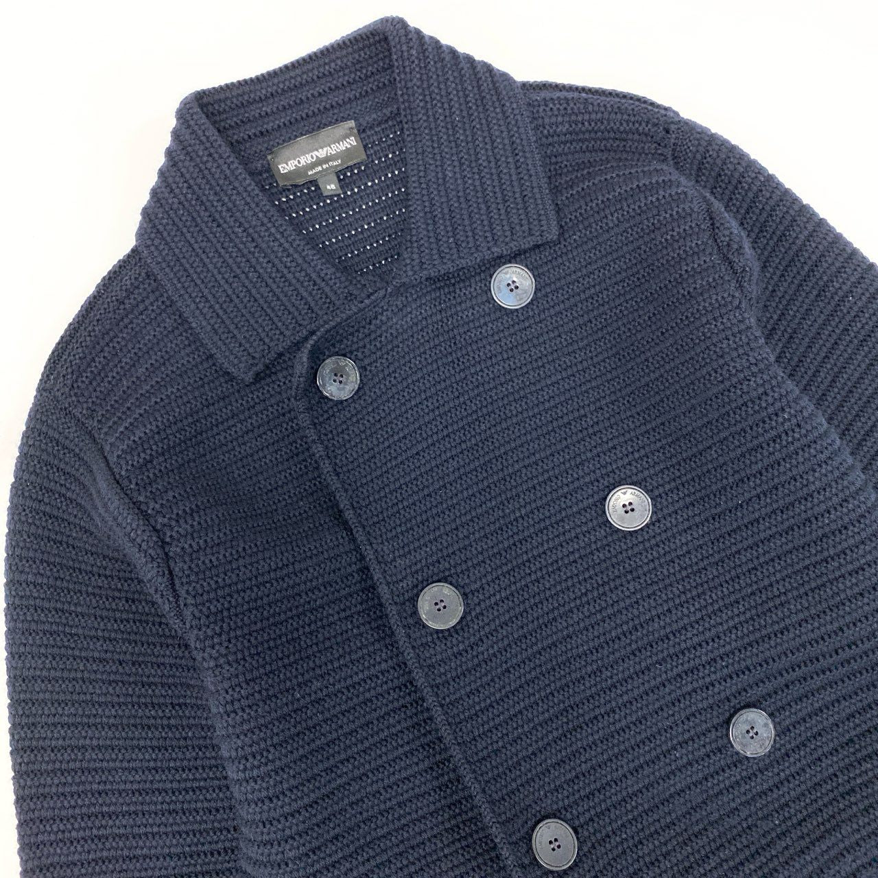 19k10 EMPORIO ARMANI エンポリオアルマーニ ニットジャケットコート Pコート ニットカーディガン H1G07M H135M 46サイズ ネイビー メンズu02t