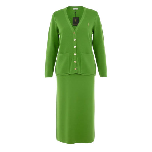 b23 【デッドストック】Yves Saint Laurent イヴサンローラン YSLロゴ刺繍 金ボタン カーディガン スカート セットアップ サイズM グリーン  レディースta1