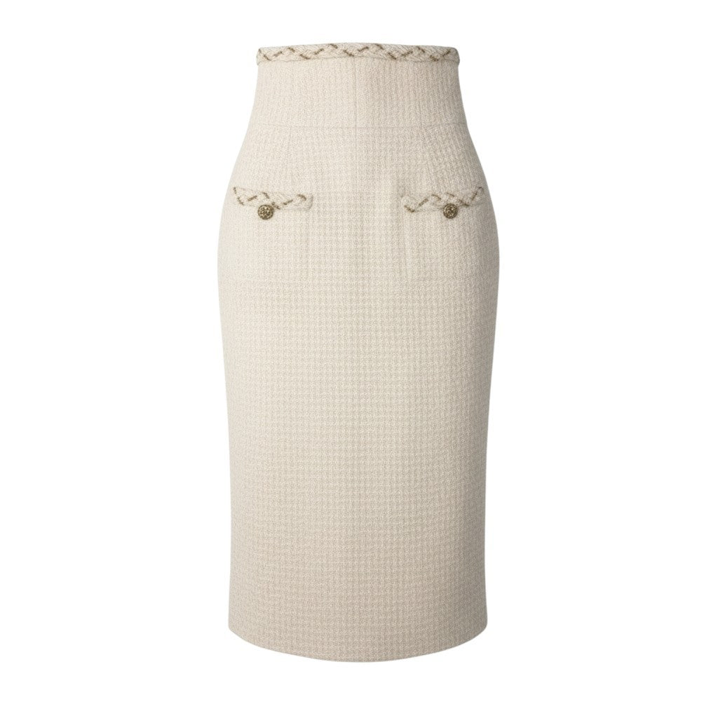 i13 CHANEL シャネル 07A CCボタン ハイウエスト ツイードスカート CC Button High Waisted Tweed Skirt Ivory P32102 Size 36t18r