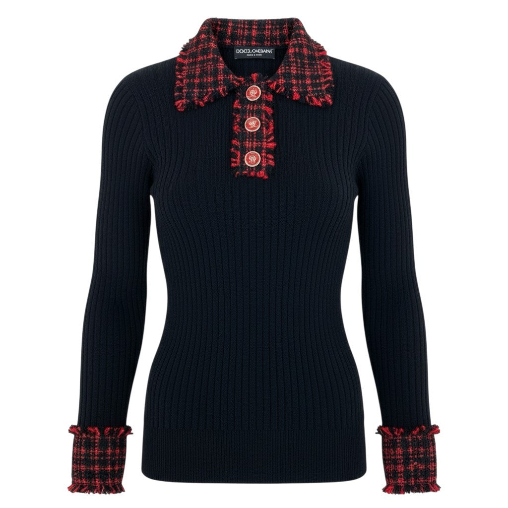 Ab19 【美品】 DOLCE&GABBANA ドルチェアンドガッパーナ ツイード リブニットカットソー ポロニット ロングスリーブ クラウンボタン イタリア製 ウール混 Tweed Detail Ribbed Knit Top サイズ38 ブラック レッドt18r