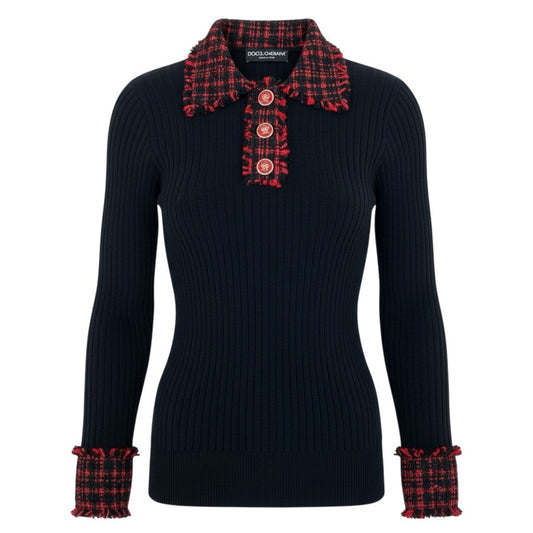 Ab19 【美品】 DOLCE&GABBANA ドルチェアンドガッパーナ ツイード リブニットカットソー ポロニット ロングスリーブ クラウンボタン イタリア製 ウール混 Tweed Detail Ribbed Knit Top サイズ38 ブラック レッドt18r