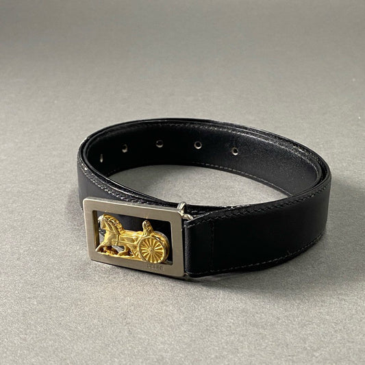 7f23 CELINE セリーヌ 馬車金具 レザーベルト 60 ブラック ゴールド Leather Belt