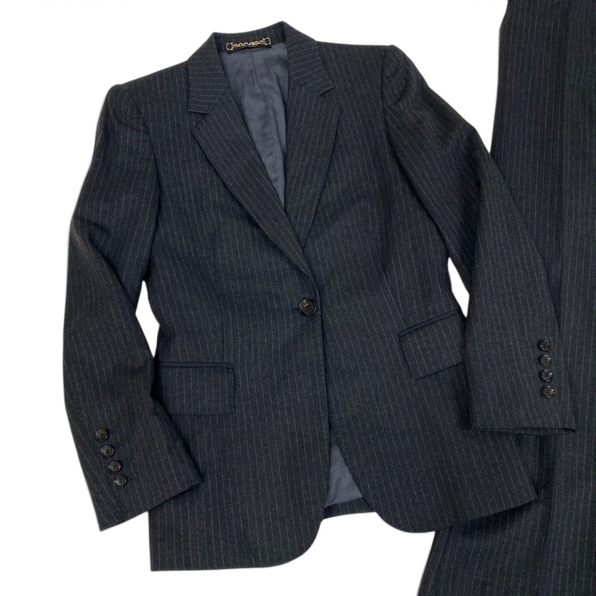 80j6 【美品】GUCCI グッチ 2006年 スーツセットアップ GGロゴ テーラードジャケット スラックスパンツ ストライプ 38サイズ グレー レディース 女性用u02t