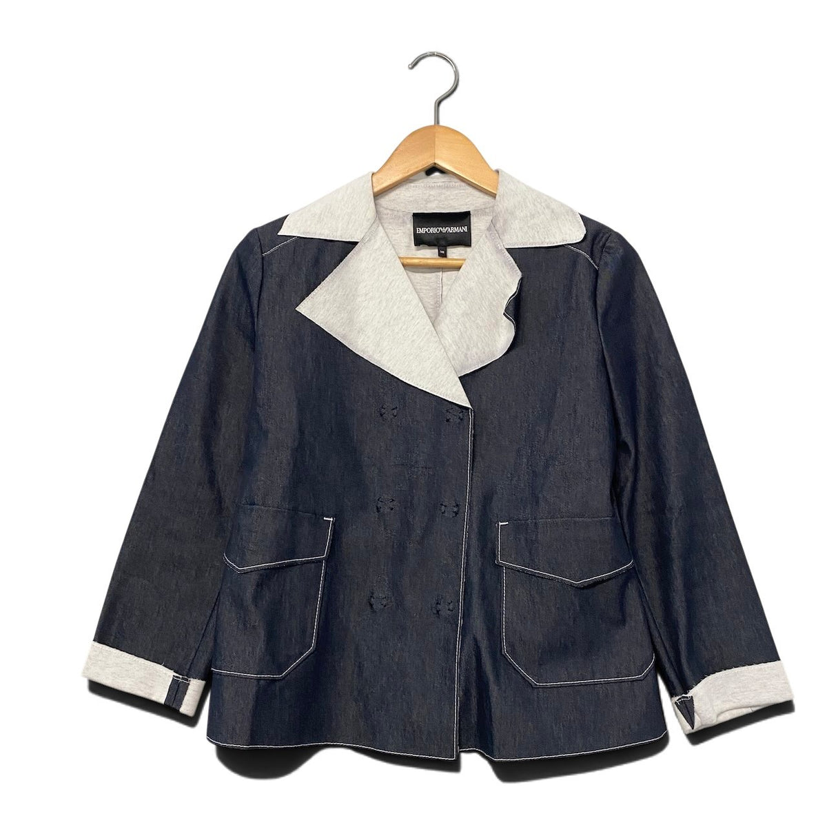 57j22 EMPORIO ARMANI エンポリオアルマーニ ダブルブレスト ジャケット デニム 切替 38 インディゴ ライトグレー コットン レディースo07t