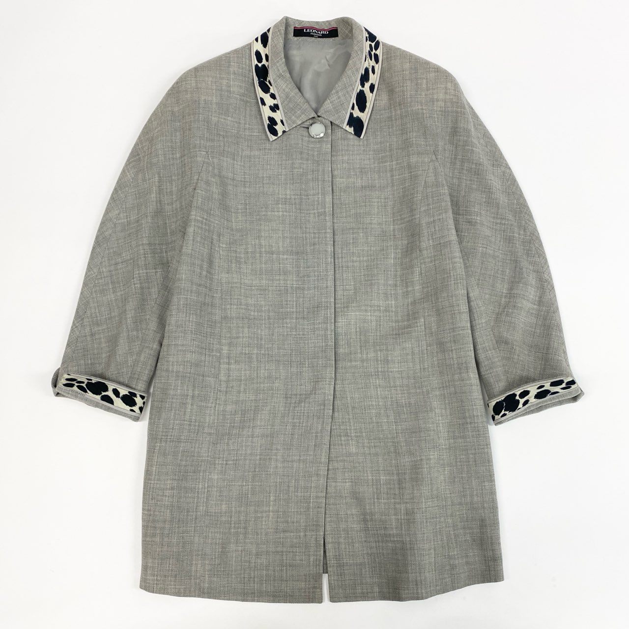 67k20《美品》 LEONARD FASHION レオナール ステンカラーコート ロングジャケット ウールシルク レディース 女性用 日本製 9AR グレーu02t