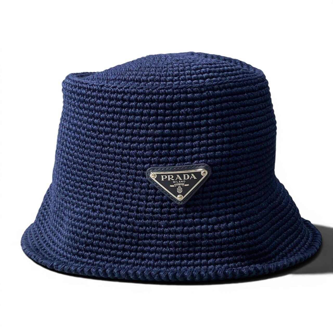 g14 PRADA 2025 クロシェ バケットハット 三角プレート 2HC137 2HGN M 58cm ネイビー コットン100％ レディース 女性用