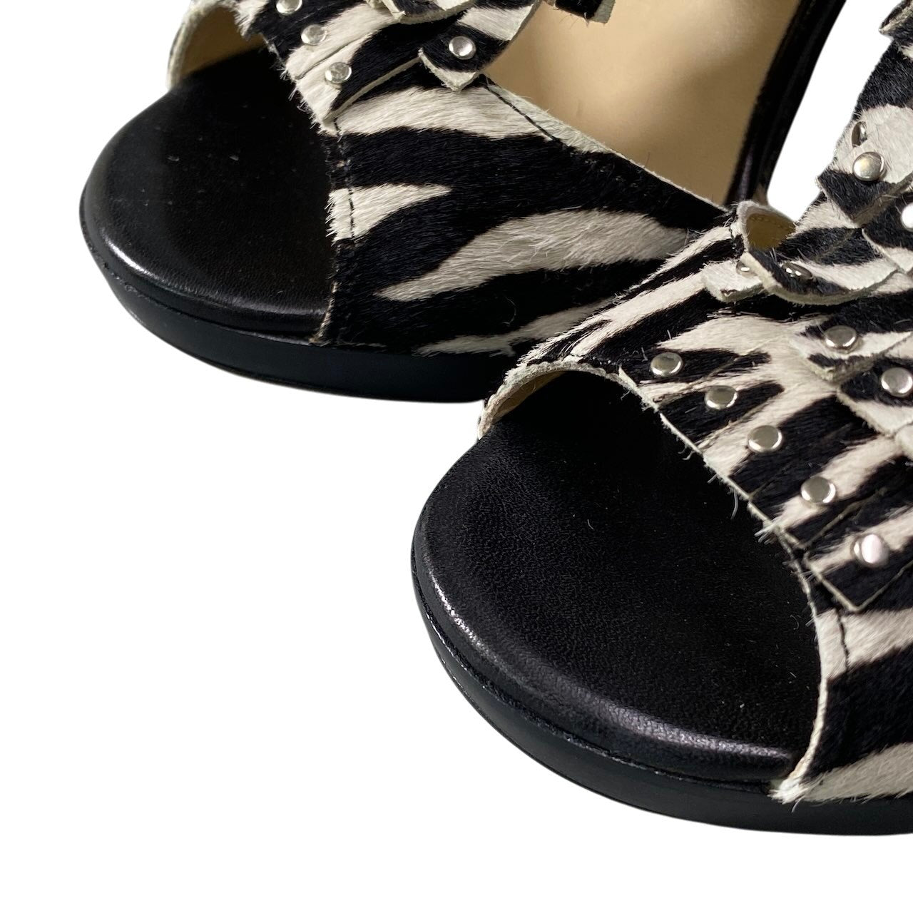 e13 JIMMY CHOO ジミーチュウ オープントゥ ヒールパンプス ハラコ ゼブラ柄 スタッズ ハイヒール 36 1/2 ブラック ホワイト レディース 女性用k02i