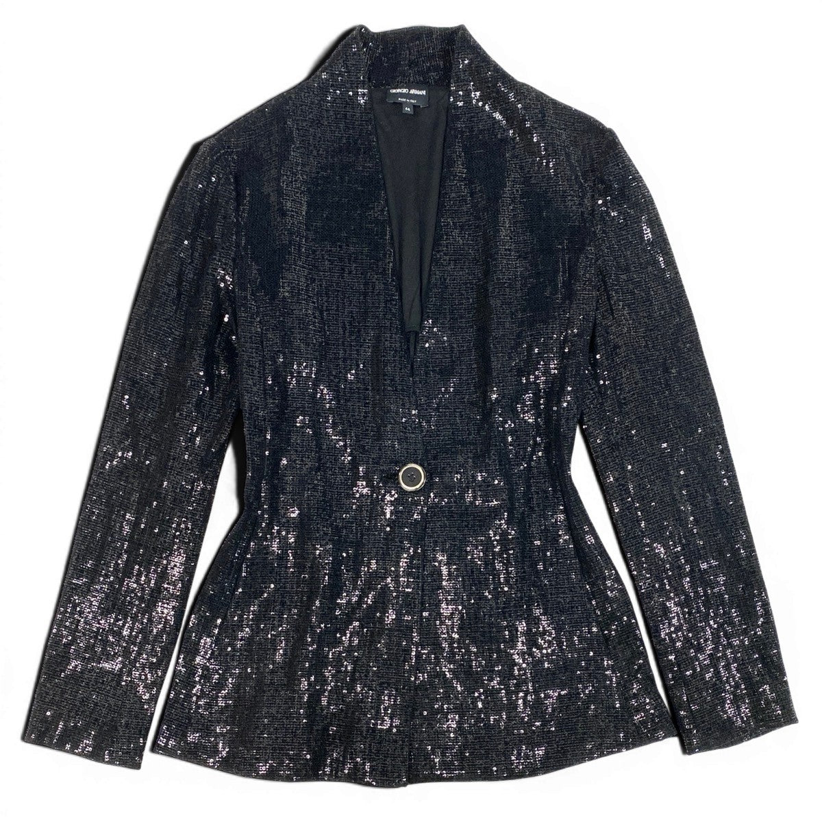 Eg10 【美品】 GIORGIO ARMANI ジョルジオアルマーニ スパンコール ノーカラージャケット サイズ44 ブラック レディースk02i
