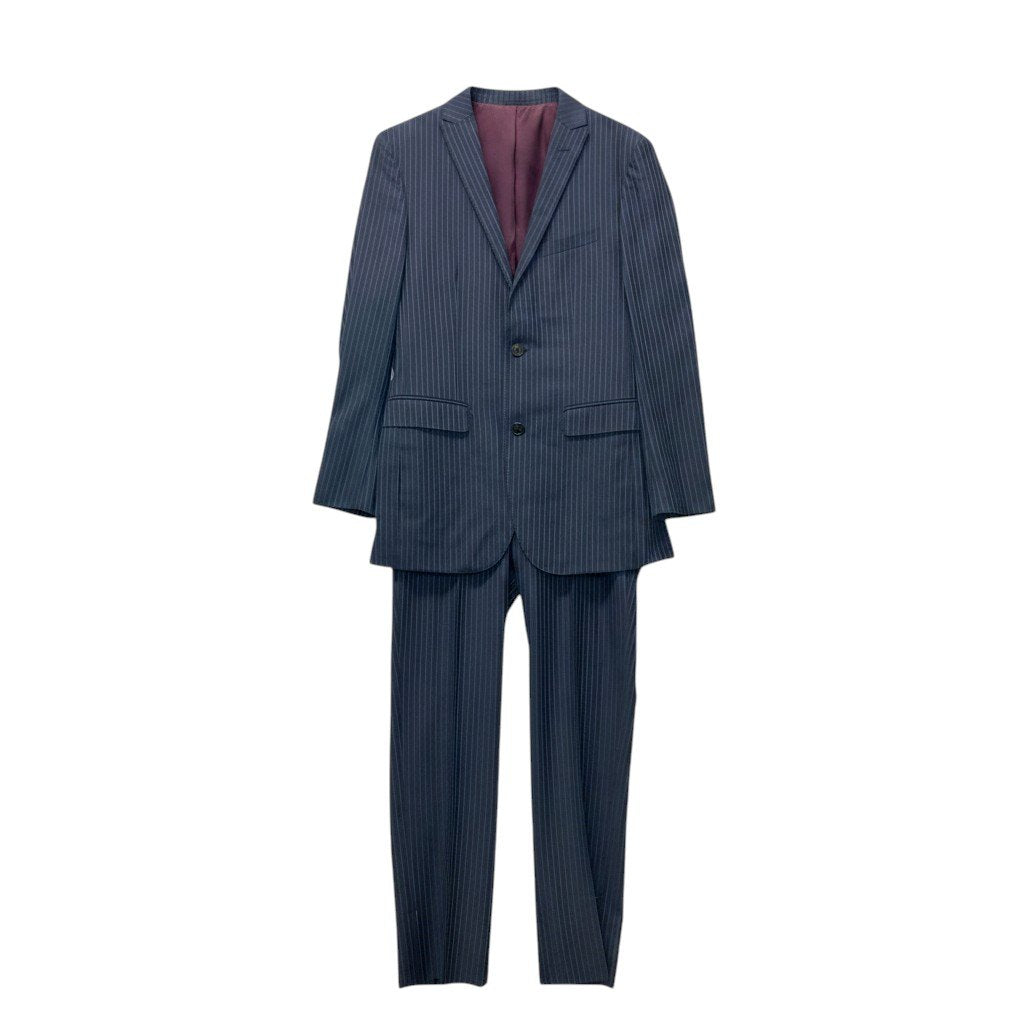 72e21 BURBERRY BLACK LABEL バーバリーブラックレーベル セットアップスーツ シングル 2B ストライプ柄 ウールシルク混 38R ネイビー メンズ 紳士服u02t