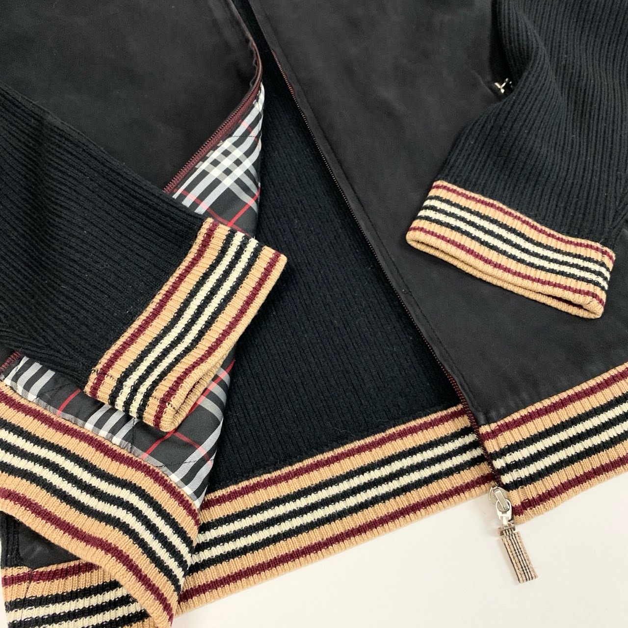85k4 BURBERRY BLACK LABEL バーバリー ブラックレーベル ニット切替 ロゴ刺繍 ジップアップ ブルゾン ジャケット BMT66-516-09 3 Lサイズ相当 ブラック メンズo07t