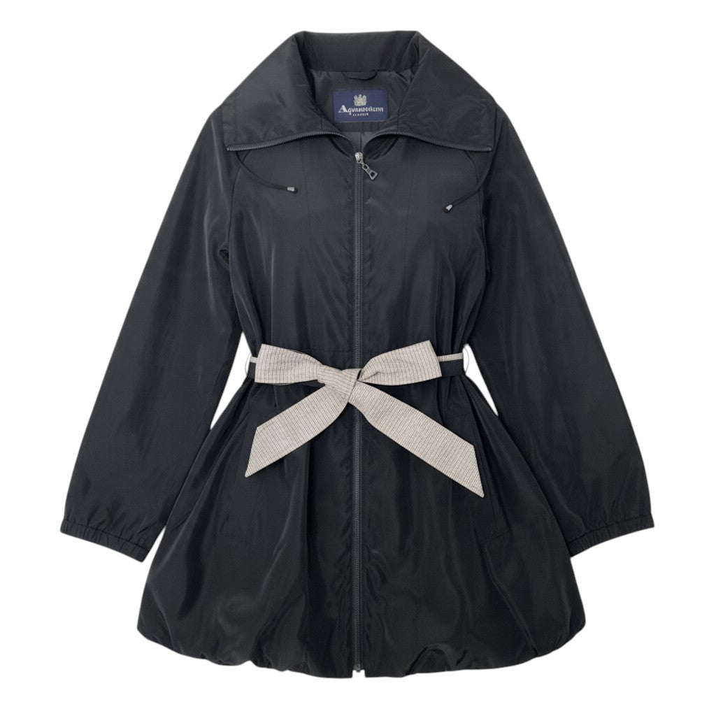 93j21 Aquascutum アクアスキュータム スタンドカラージャケット ライトアウター クラブチェック柄 ミドル丈 ウエストベルト 175/96Aサイズ ブラック ポリエステル100％ レディース 女性用u02t