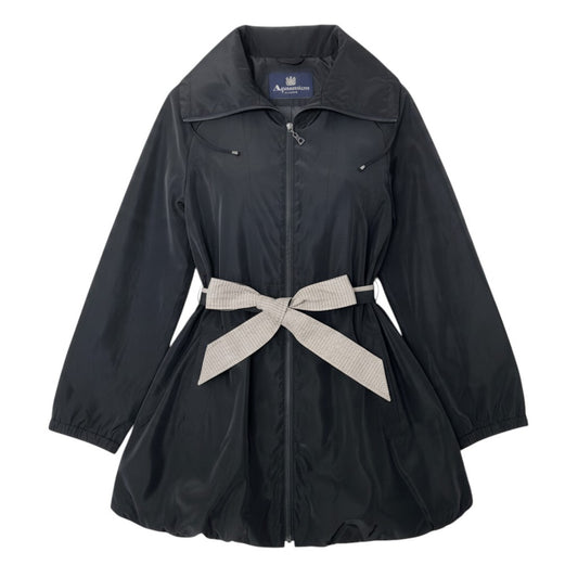 93j21 Aquascutum アクアスキュータム スタンドカラージャケット ライトアウター クラブチェック柄 ミドル丈 ウエストベルト 175/96Aサイズ ブラック ポリエステル100％ レディース 女性用u02t
