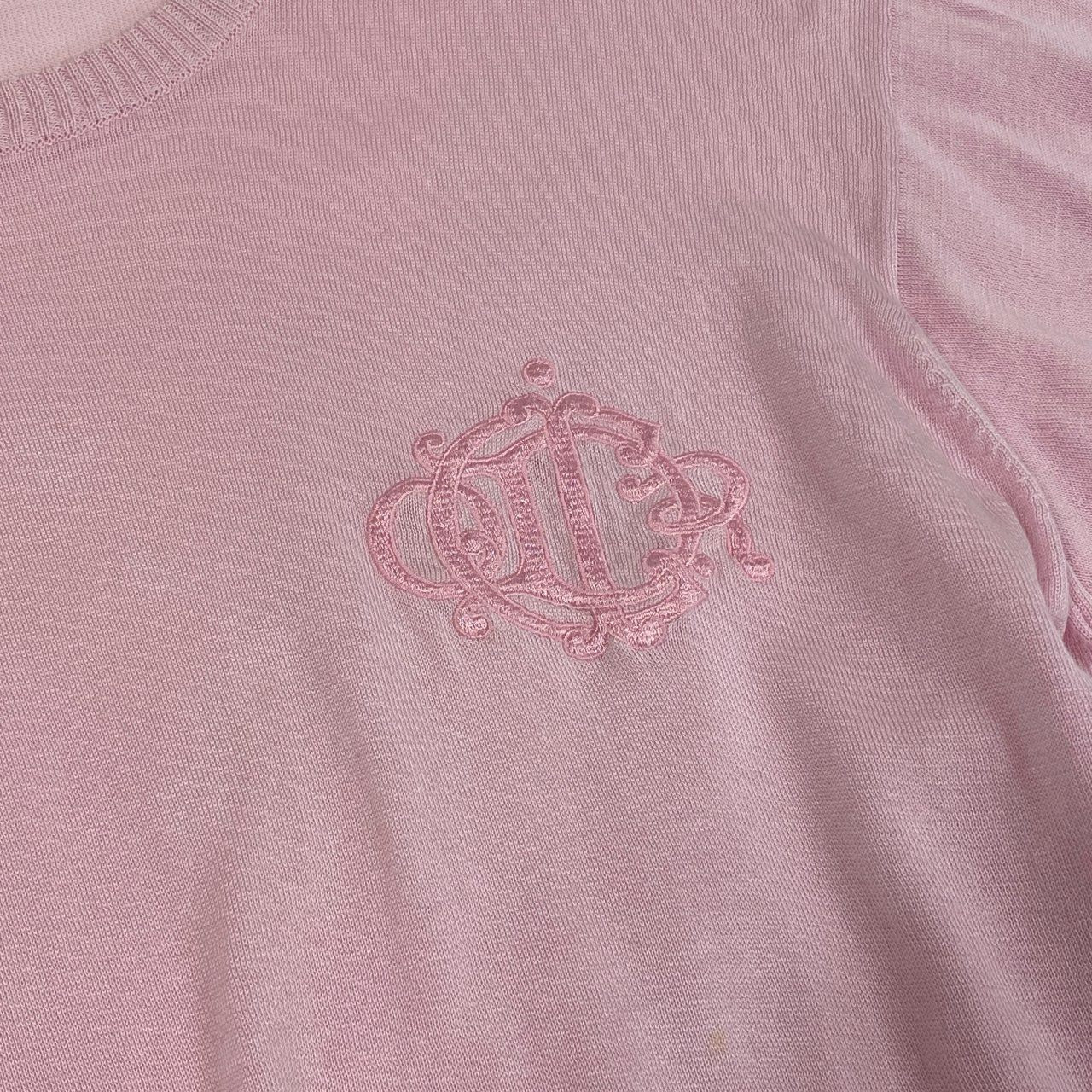 12a23 Christian Dior クリスチャンディオール 半袖ニット サマーセーター トップス エンブレム刺繍 M ピンク コットン レディースu02t