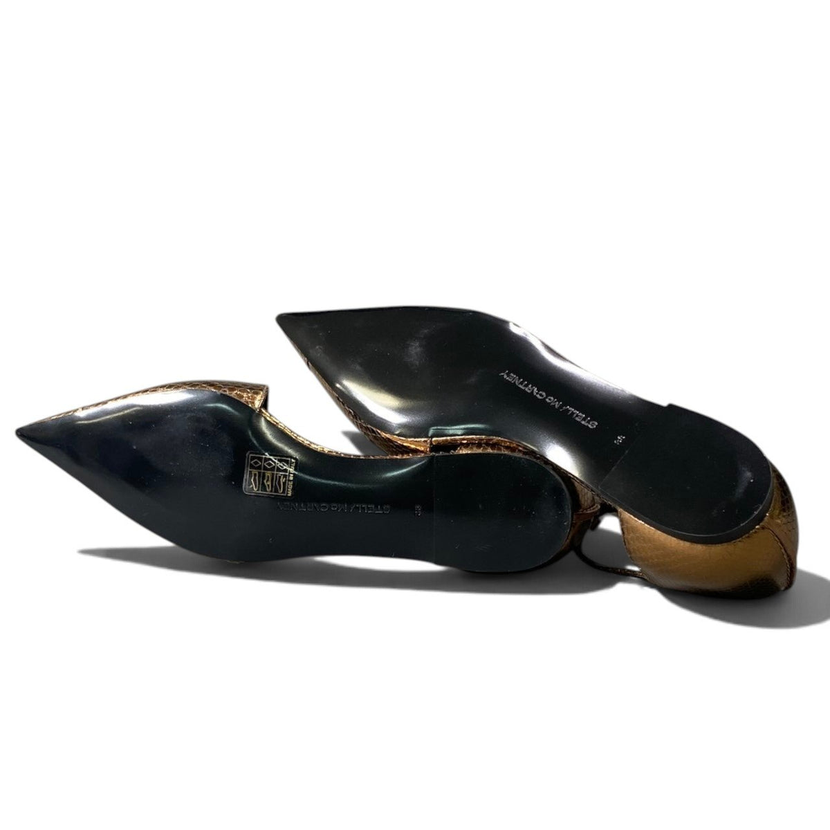 h13【美品】STELLAMcCARTNEY パイソン型押し Tストラップフラットシューズ 38サイズ ゴールド レザー レディース 女性用k02i