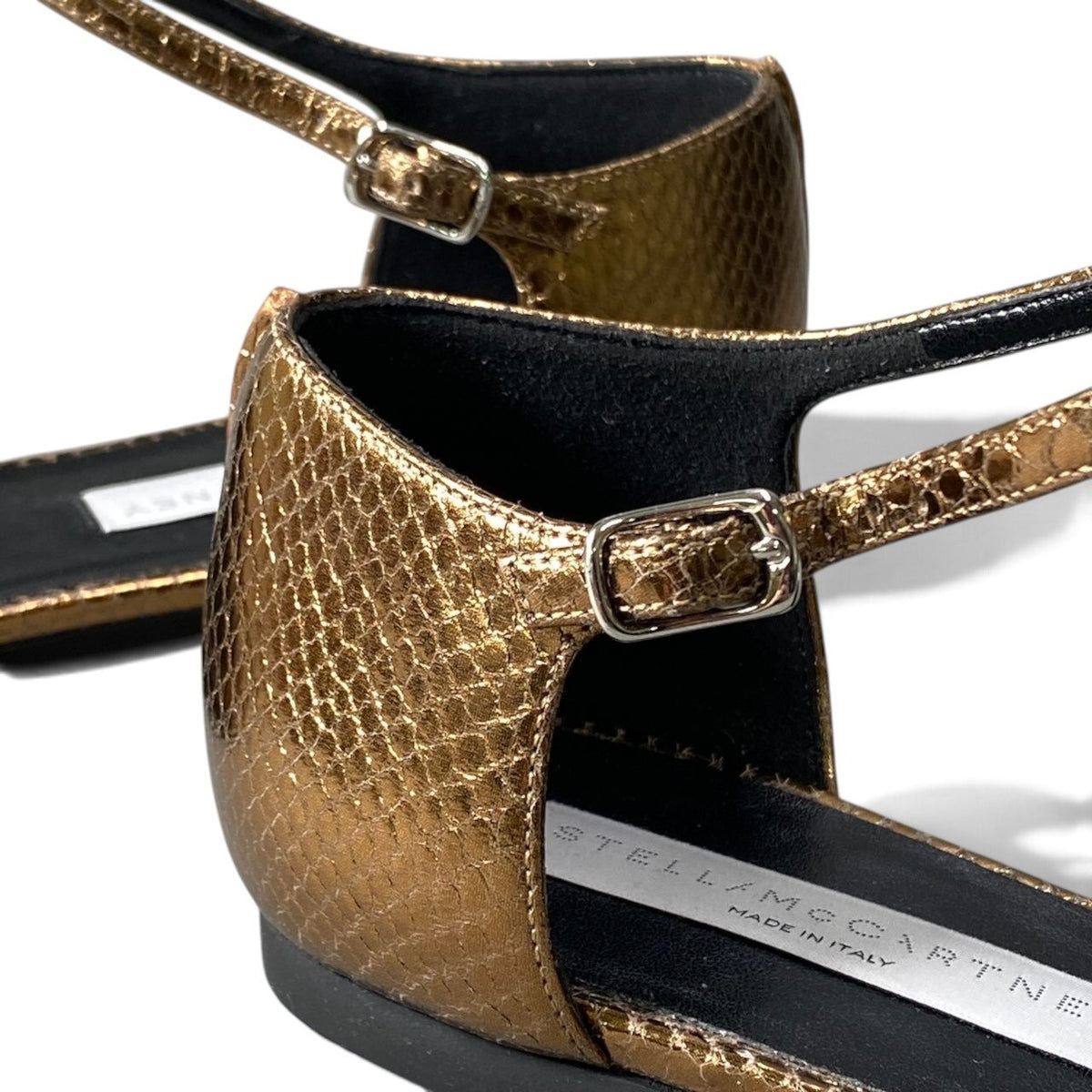 h13【美品】STELLAMcCARTNEY パイソン型押し Tストラップフラットシューズ 38サイズ ゴールド レザー レディース 女性用k02i