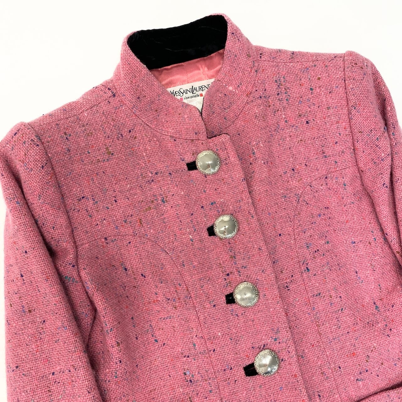 56e12 Yves Saint Laurent  イヴサンローラン vintage ツイードジャケット スタンドカラージャケット サイズ34 フランス製 ピンク ウール100％ レディース 女性用u02t