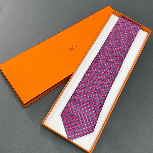 f8 《未使用品》 HERMES エルメス シェーヌダンクル ネクタイ CRAVATE TWILL TIE レッド ブルー シルク ビジネス スーツ フランス製