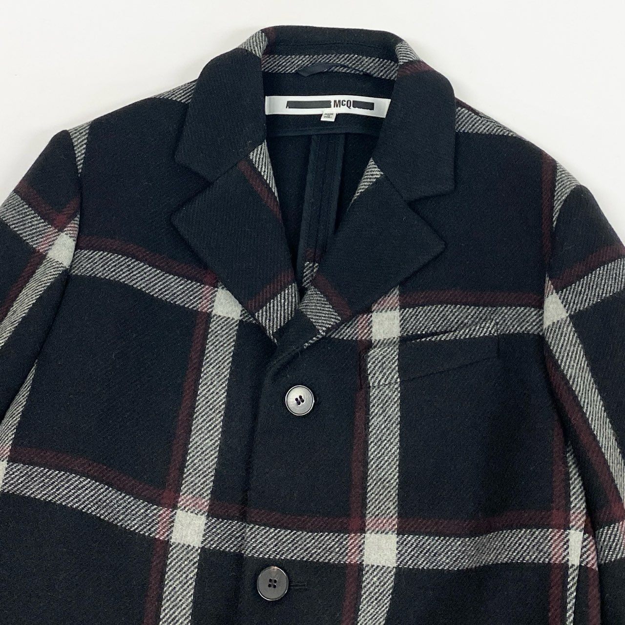 5L17 McQ Alexander McQueen マックキュー アレキサンダーマックイーン チェック柄 チェスターコート アウター COQN-LA-2007 46 ブラック ウール メンズo07t