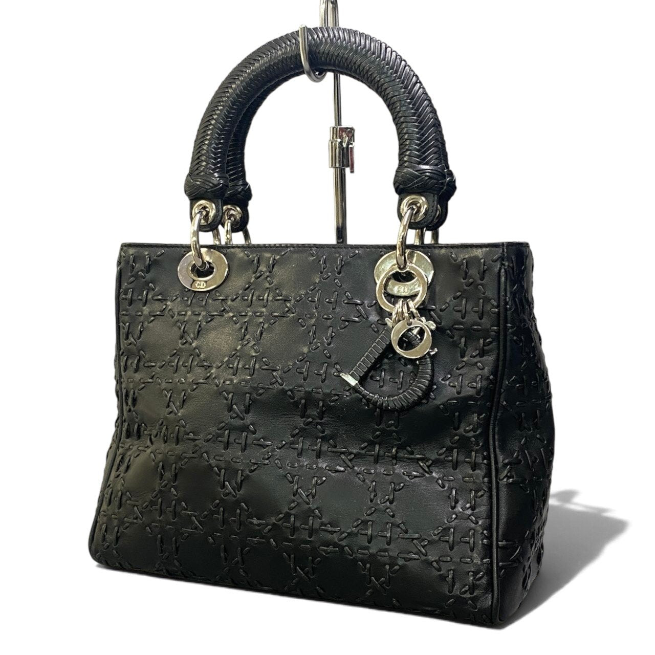 h29 Christian Dior レディディオール M ウィップステッチ カナージュ ブラック レザー レディース 女性用ta1