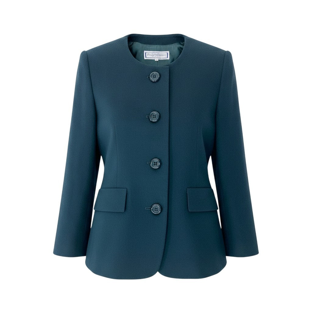 33f15 YVES SAINT LAURENT イヴサンローラン ノーカラージャケット ウールジャケット サイズS ダークグリーン レディース 女性用u02t