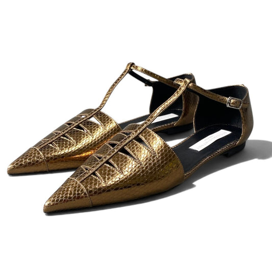 h13【美品】STELLAMcCARTNEY パイソン型押し Tストラップフラットシューズ 38サイズ ゴールド レザー レディース 女性用k02i