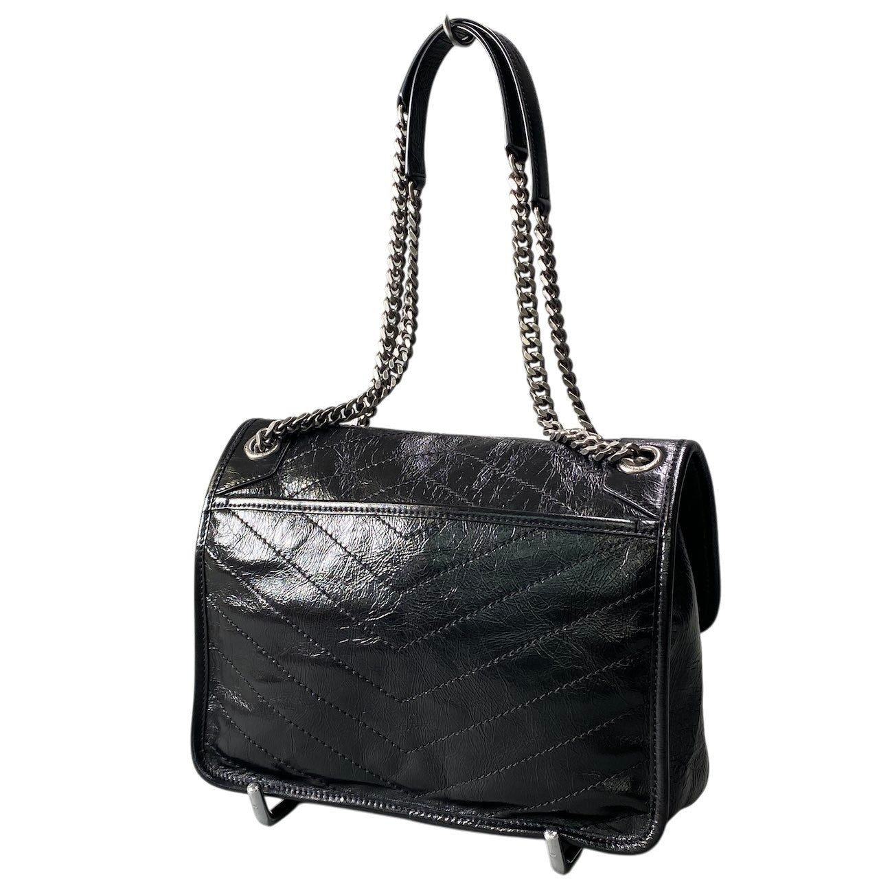 YVES SAINT LAURENT イヴサンローラン YSL Niki ニキ チェーンショルダー 2way バッグ ブラック シルバー レザー レディースta1