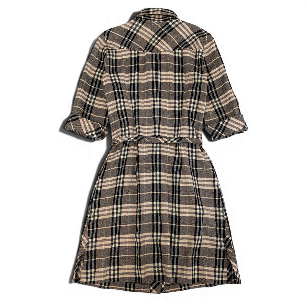 Ie25 BURBERRY LONDON BLUE LABEL バーバリーロンドン ブルーレーベル チェックシャツ 膝丈ワンピース 7分袖 サイズ38 ブラウン系 ピンク ウール100％ レディース 女性服o07t