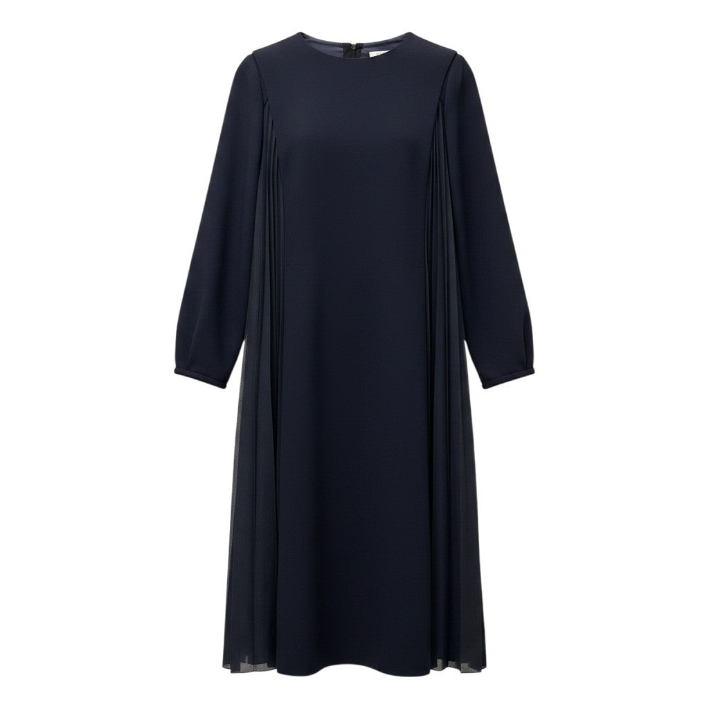 58g5 【美品】mila schon ミラショーン ロングスリーブワンピース プリーツデザイン バルーン袖 40サイズ ネイビー レディース 女性用u02t
